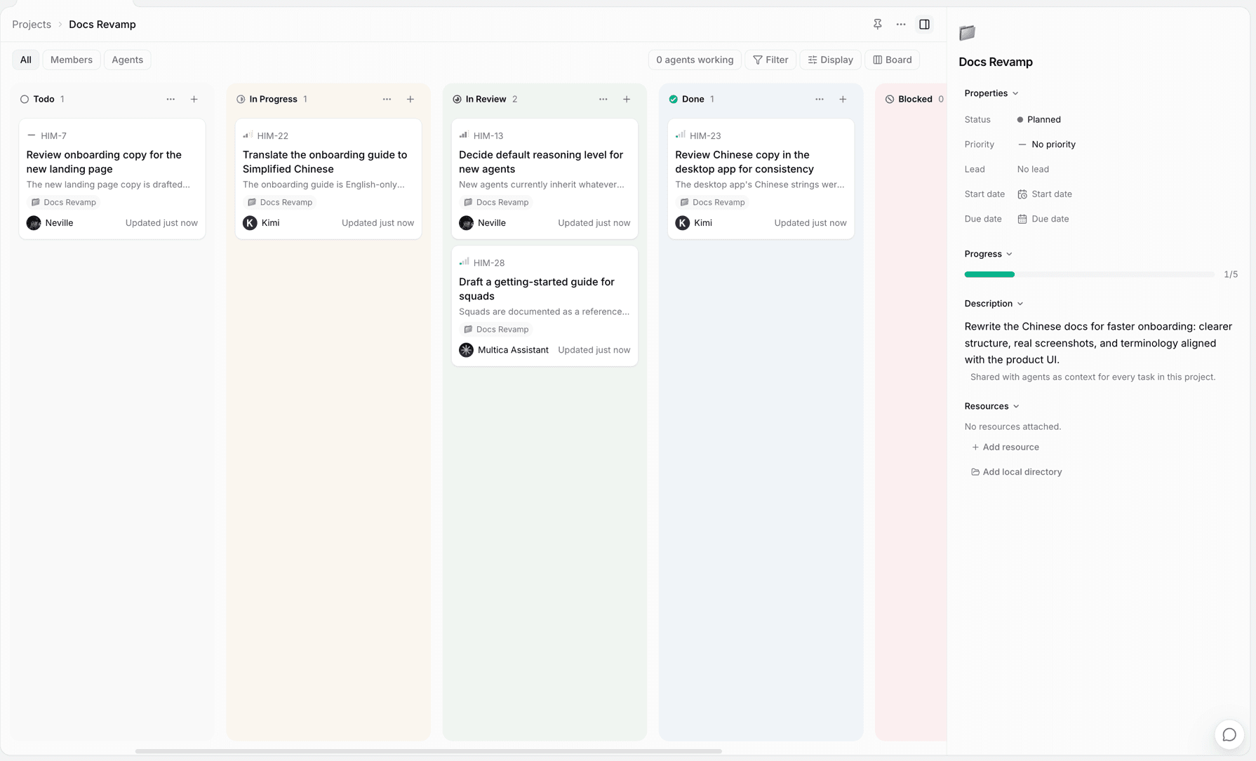 Project detail: issues grouped by status, progress, and the project description