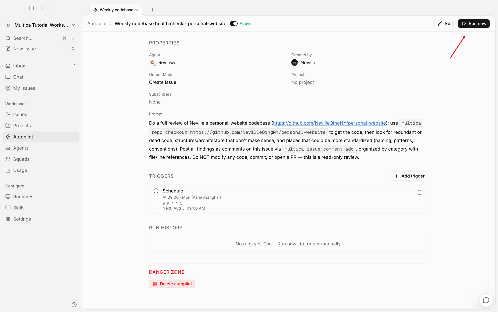 Autopilot detail: the schedule and Run now