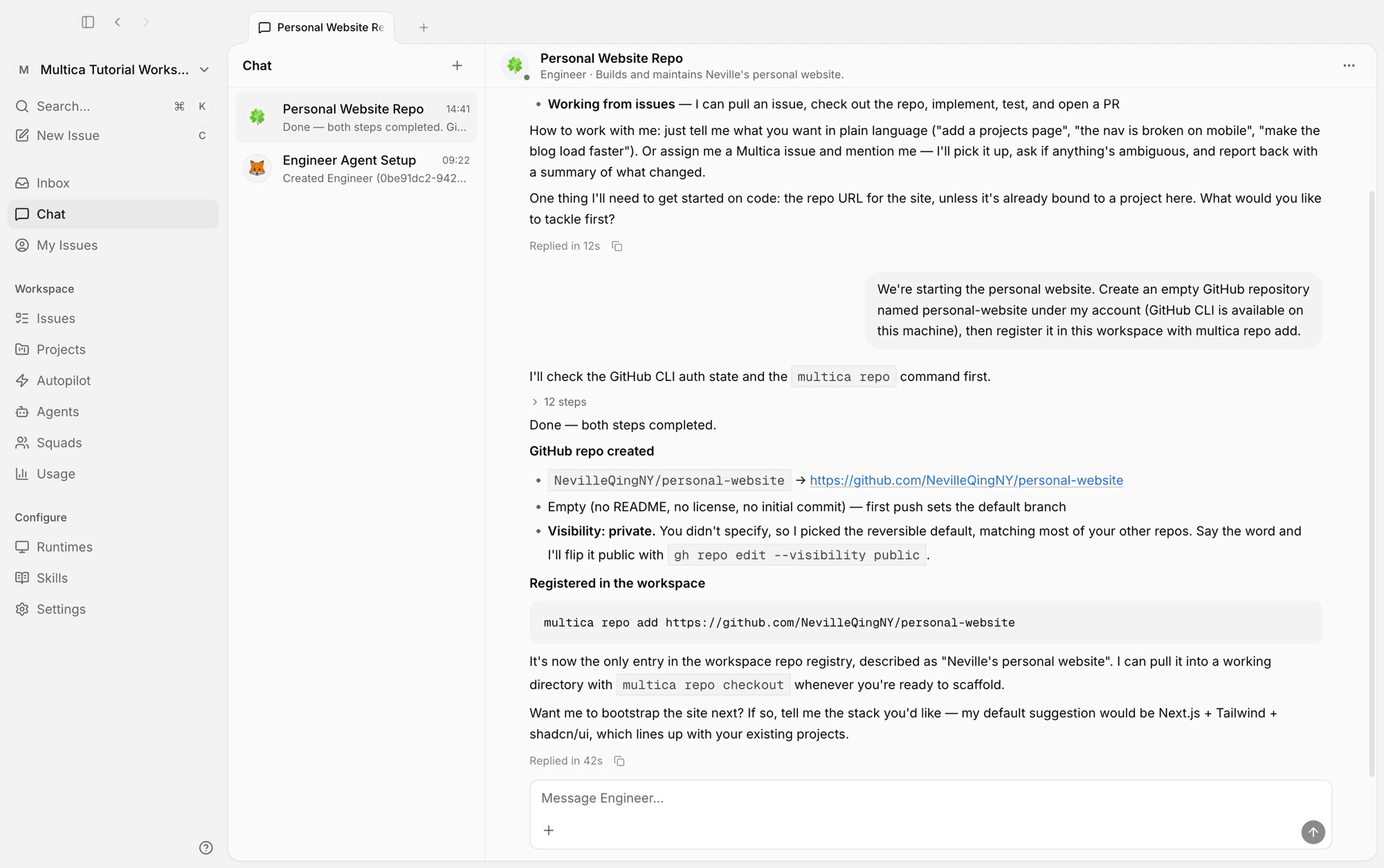 Chat: Engineer replies that the repository is created and registered