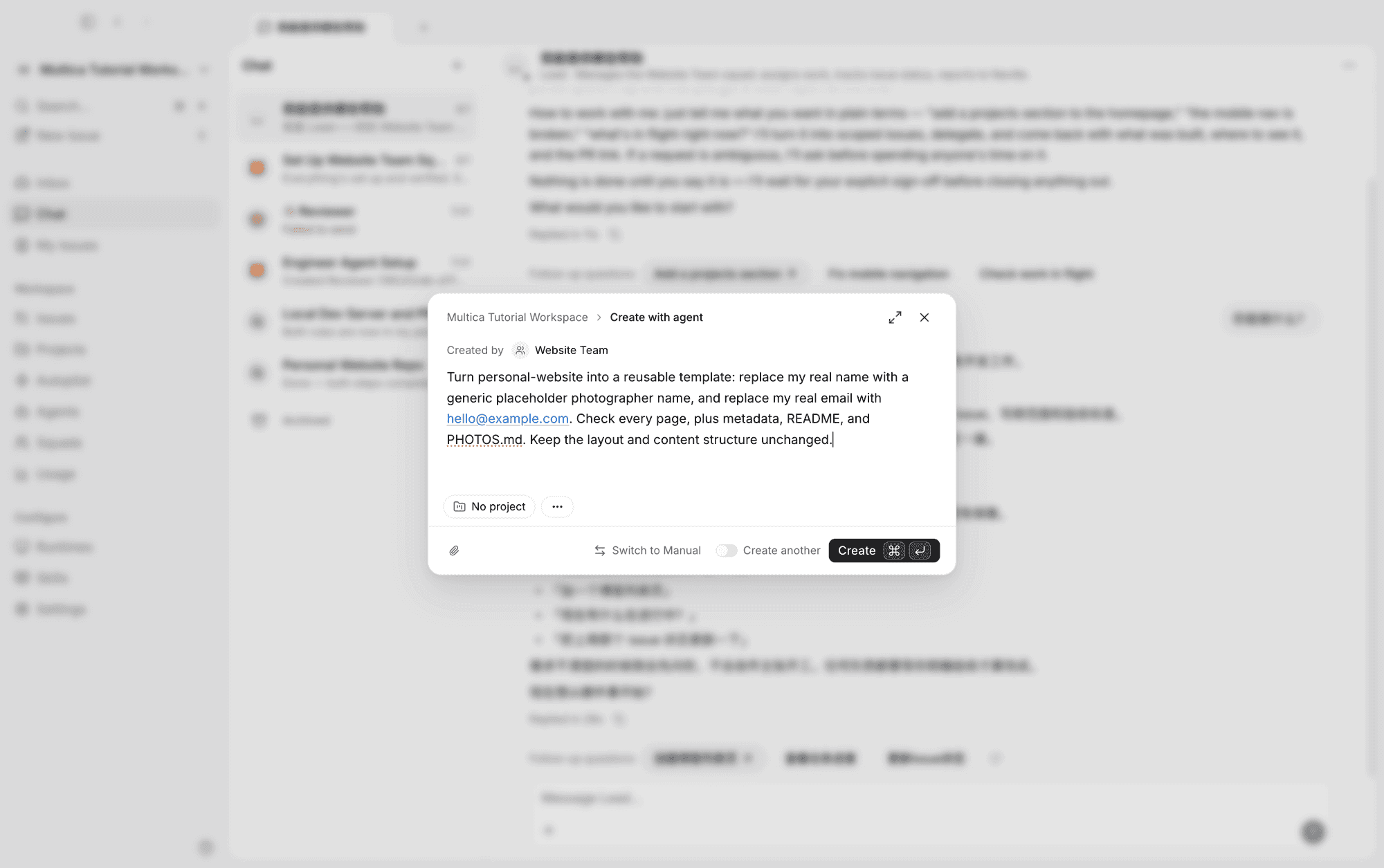 Creating an issue from a conversation with Create with agent