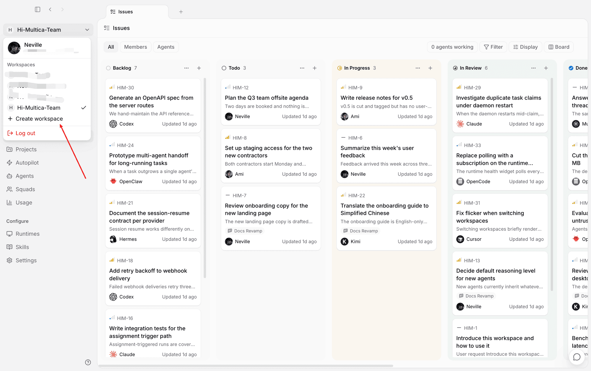 The create workspace entry point