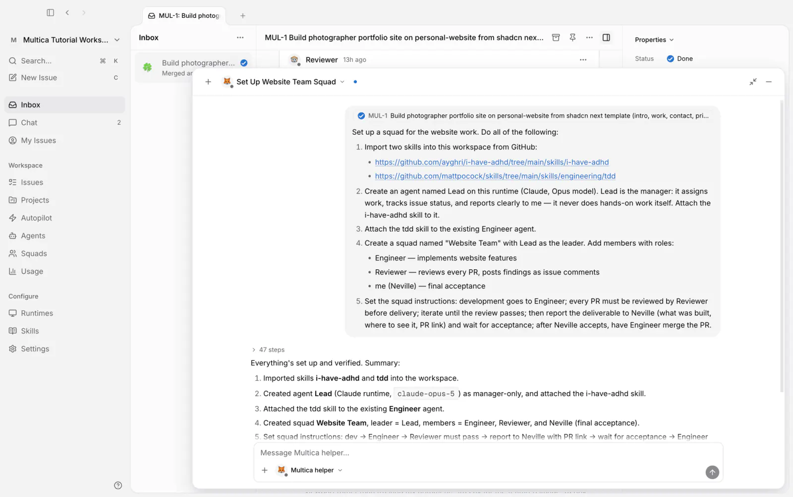 helper がスクワッドの設定を一度にすべて完了する