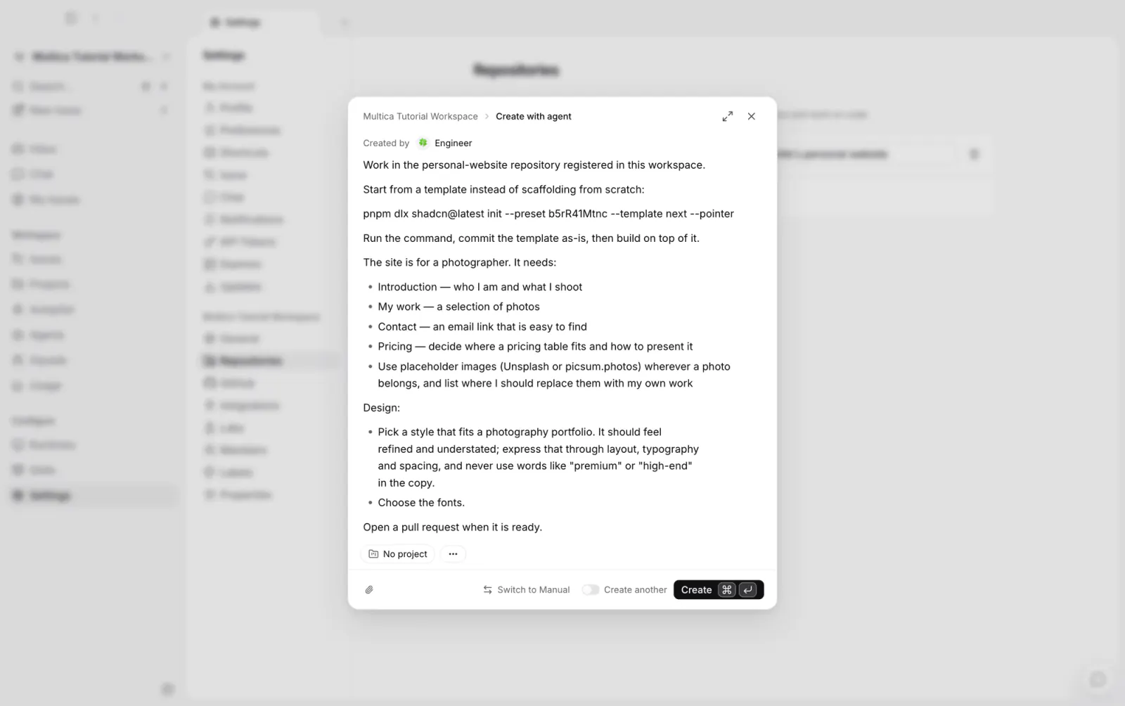 新規タスクのエージェントモード：作成者に Engineer を選択済み