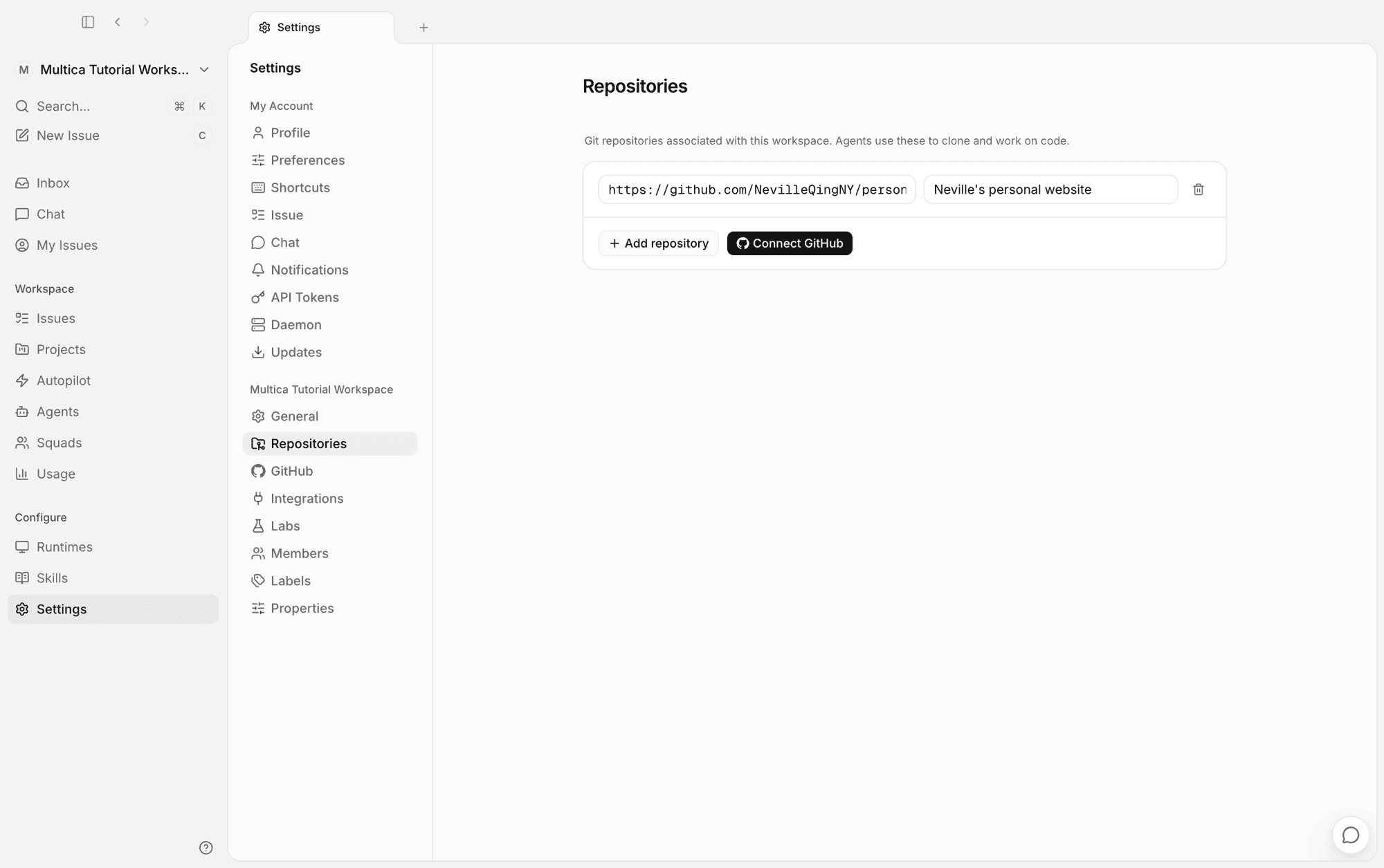 The repository list in settings