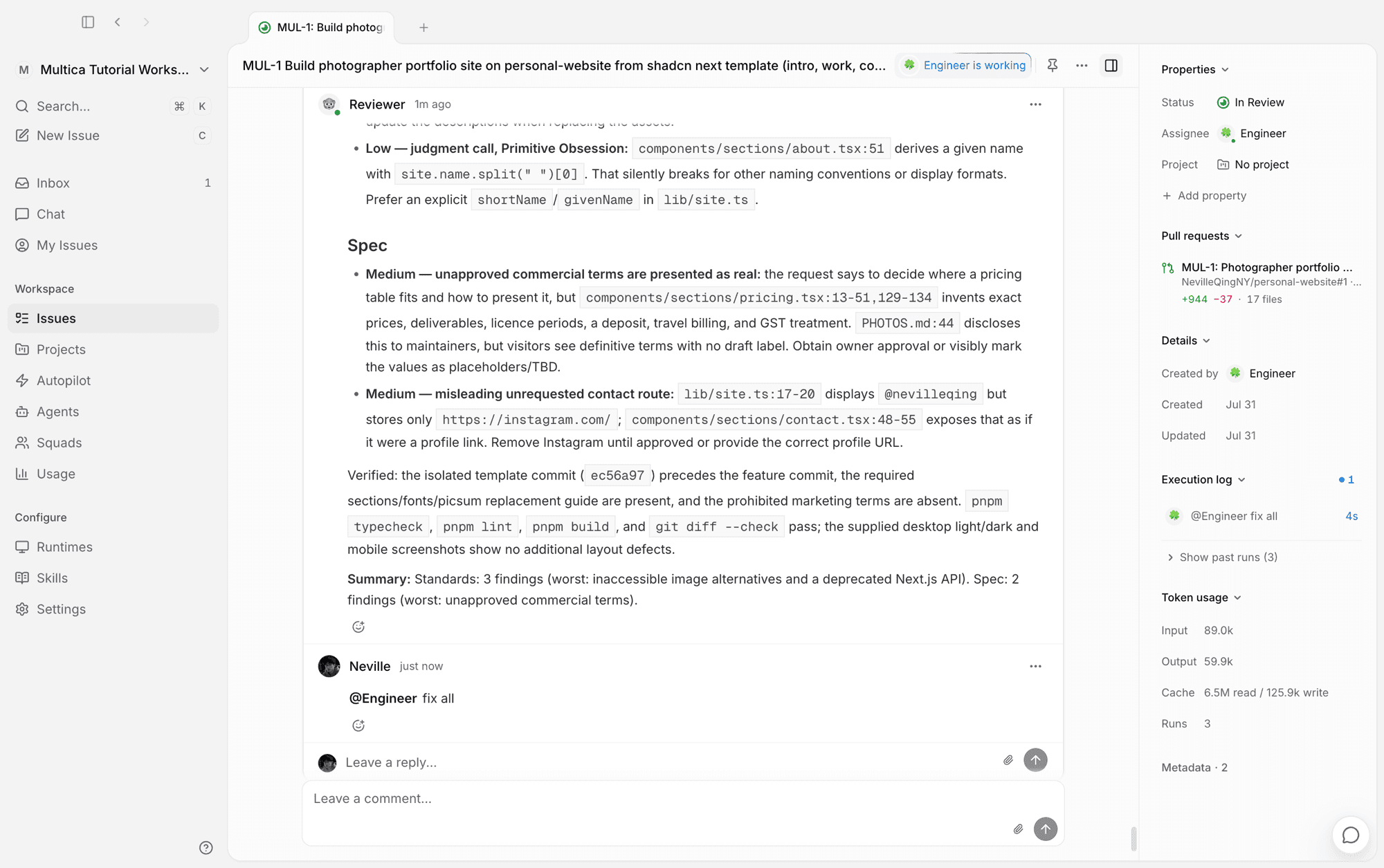 Reviewer's findings, with @Engineer picking up the fixes