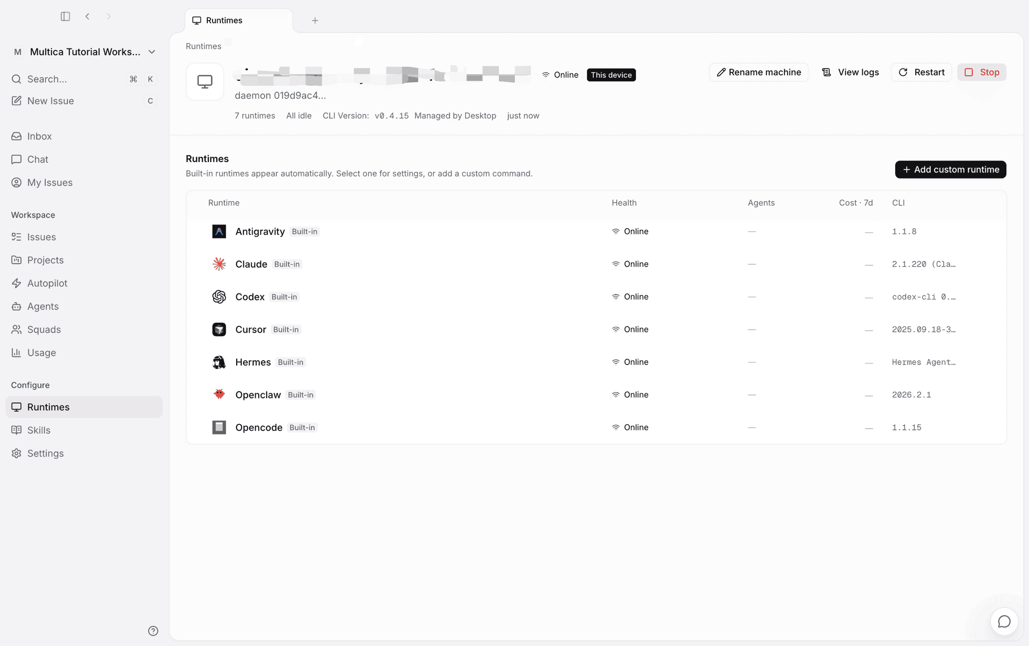 Runtime detail: the detected AI coding tools