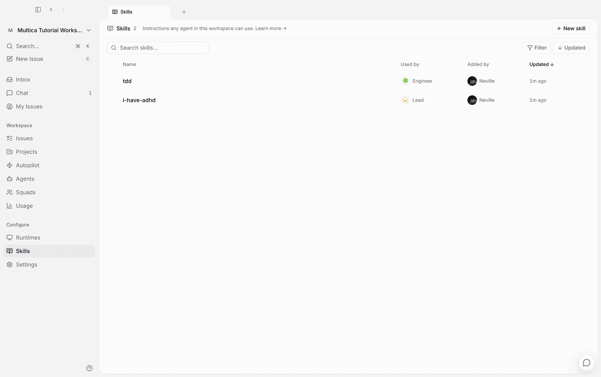 The workspace Skills page